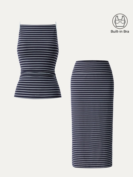 OGL Dresses & Skirts - OGL 2Pcs Set Striped Spaghetti Bra Top & Low Rise Striped Midi Skirt